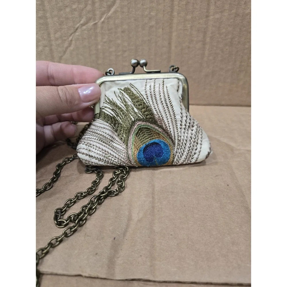 Red Ruby Rose Peacock Feather Coin Purse Mini Crossbody Kiss Lock Chain Clutch